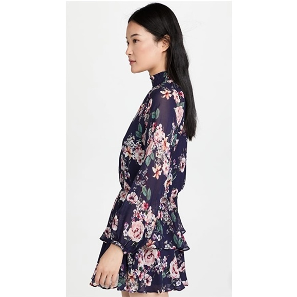 Yumi Kim Class Act Floral Dress Sheer Sleeves High Neck Ruffle Hem Size Medium - Picture 3 of 12